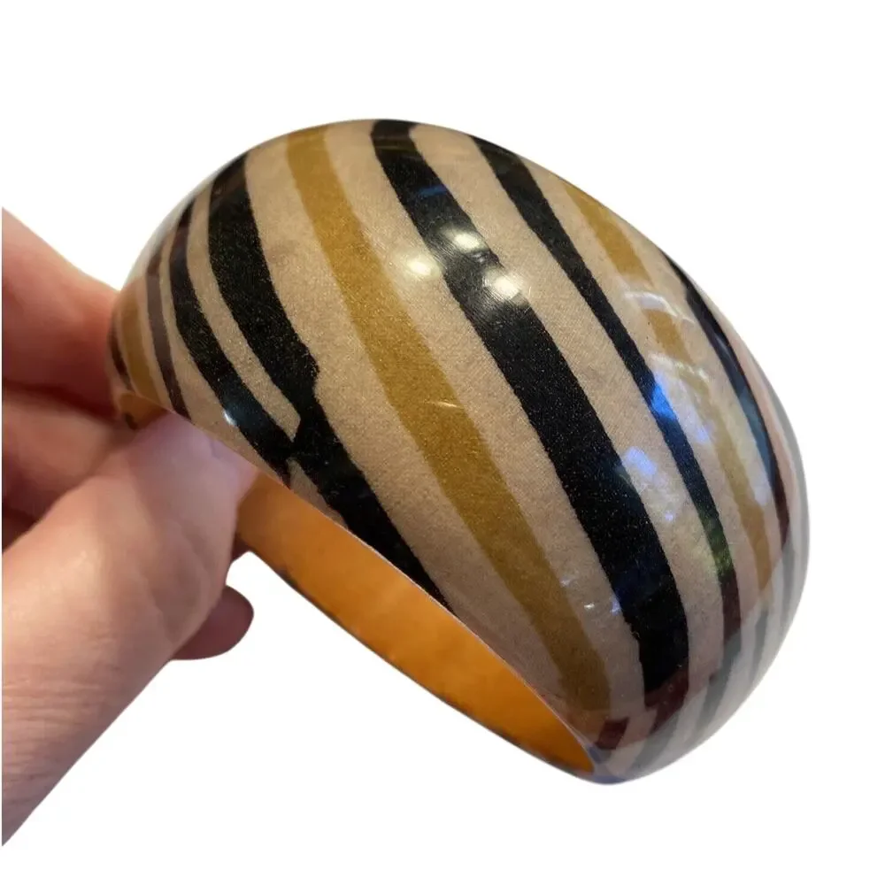 Wooden Bracelet Y2K Wide Domed Bangle Animal Print Tan Black Cream Wood Fashion